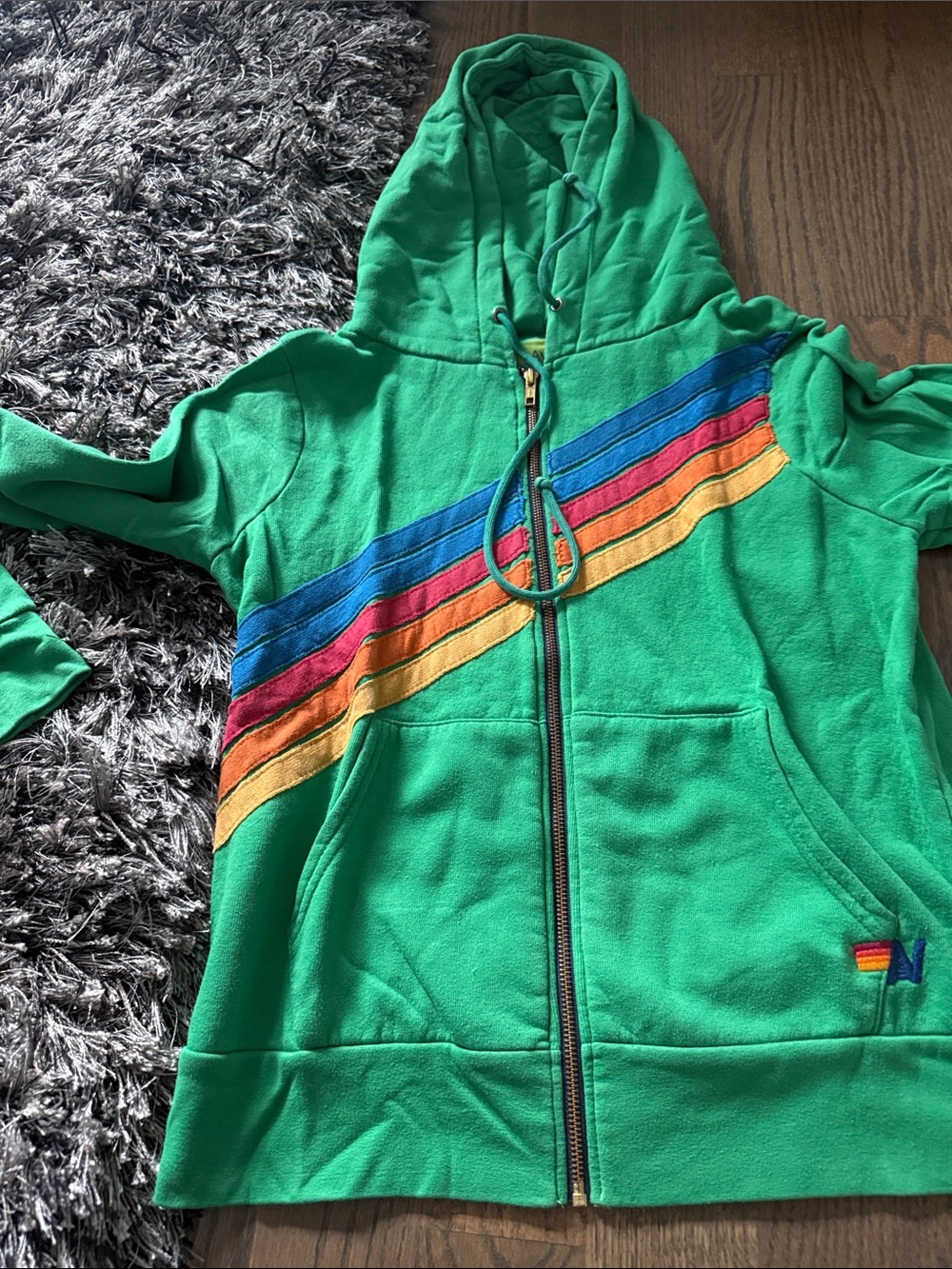 Aviator Nation Green Zip-Up Hoodie with Rainbow Stripe Accent